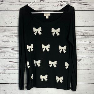LOFT Black Long Sleeve Top with White Bow Pattern